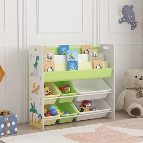 [en.casa] Kinderregal Rødøy Bücherregal für Kinder mit 6 Kisten Spielzeugregal 78 x 86 x 27 cm Spielzeug Aufbewahrung Dinosaurier Motiv