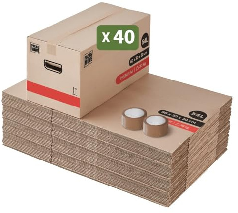 Pack And Move - Set 40 Umzugskartons Premium - 60 x 30 x 30 cm - Extreme Belastbarkeit 30 KG - Wiederverwendbar - Doppelwandig - Verstärkte Griffe - 2 Klebebänder Gratis