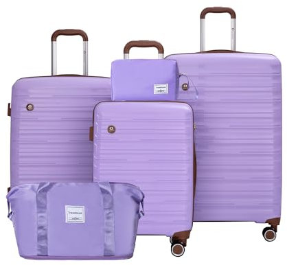 Travelhouse 5-teiliges Gepäck-Set mit Spinnrädern, Hartschalen-PP-Koffer-Set mit TSA-Schloss, leichte Hartschalen-Reisekoffer mit wasserdichter Seesack für Männer und Frauen, Violett