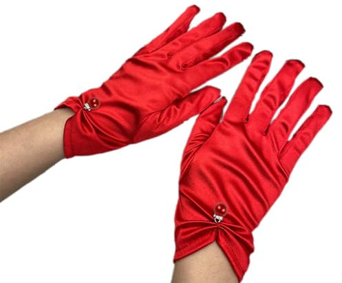 Anevous Kurze Satin Handschuh, Elegant Brauthandschuhe Damen, Hochzeits Oper Handschuhe, Spitzenhandschuhe Gloves für Braut, Hochzeit, Party, Maskerade, Tanz, Dinner,Rot