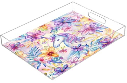 Purple Flowers Unicorn Acrylic Serving Trays, Clear Rectangular Tray with Handles Serving Platter for Coffee Table Kitchen Bathroom