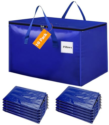 Withosent 100L Grande Bolsa de Almacenamiento, 10 Piezas Impermeable Bolsas de Mudanza con Cremallera y Asa, Bolsas para Guardar Ropa Edredones, Alternativa a las Cajas de Mudanza, Azul