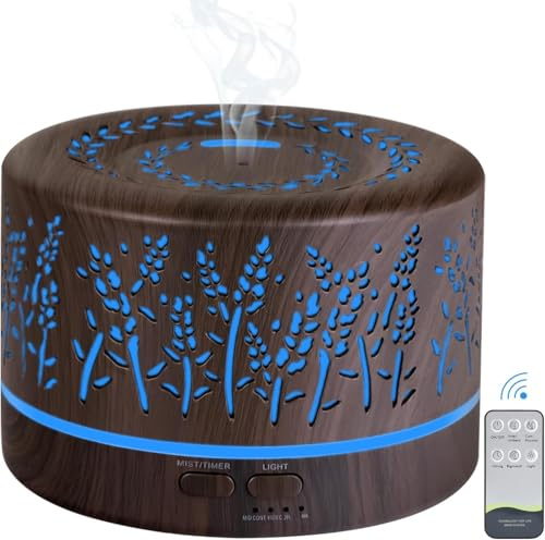Diffusore di oli essenziali, Umidificatore 500ml diffusori oli essenziali, diffusor oli senza BPA, diffusori di oli essenziali con timer, 7 tipi di luce LED per camera da letto, ufficio, spa, yoga