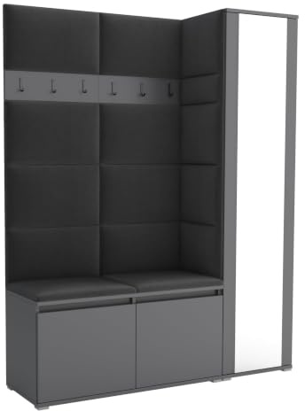 Brent - Garderobenschrank Flur Grau mit sitzbank 145 cm Breit Luton 7 - Multifunktionale Flurgarderobe Set mit Stauraum und Wandpaneel, Garderobe mit Sitzfläche und Kleiderhaken
