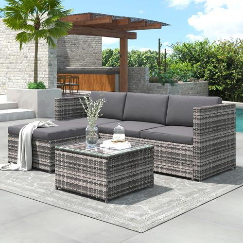 Gegtuon Gartenmöbel Set Sitzgruppe aus Rattan für Garten für 3-4 Personen, Essgruppe Sofa Lounge mit Stühle und Couchtisch, Balkon Möbel Outdoor mit Tisch, Gartenmöbel-Set Gartenlounge (Grau)