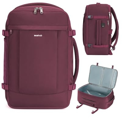 ECOHUB 30L Handgepäck Rucksack Flugzeug, Diebstahlsicher für Easyjet Handgepäck 45x36x20, 3D Laptop Reiserucksack, Recycelt Travel Backpack Wasserdicht, Cabin Bag für Damen Herren(Rot)