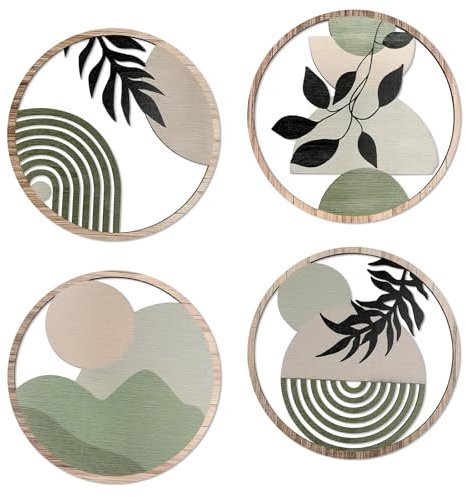 DETENE 4 Stück Holz Boho Wand Deko Holz Modern Wanddeko Wohnzimmer Minimalistische Wandkunst für Kunst Wohnzimmer Bauernhaus Kindergarten (Aushöhlung-grün)