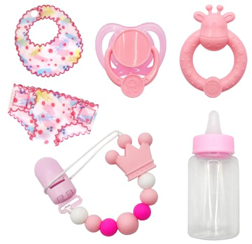 Baby Doll Accessories Set – 6 Pcs Feeding for 12-14 Inches Dolls and Caring Set with Fillable Reborn Baby Bottle,Baby Doll Pacifier with Clip, Bib, Diaper,Doll Pretend Play Gift for Kids