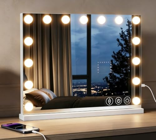 LOMIKEN HollywoodSchminkspiegel mitBeleuchtung,58x45CM mit 15 Lampen,DREI Farben Licht, einstellbare Helligkeit, Hollywood Schminkspiegel, intelligenter Berührungsschalter, mit Speicherfunktion
