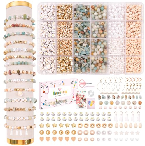 JHWELRG Natürliche Amazonit Edelsteinperlen Set,Perlen für Armbänder Selber Machen mit Anhänger Buchstabenperlen zum Basteln DIY Armband Schmuck,Halsketten- Geschenke für Kinder Erwachsene