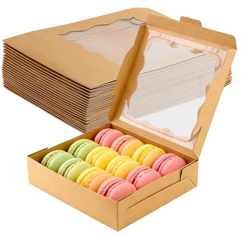 CHEUKYIU 20 Stück Kuchenboxen mit Sichtfenster, 25,4x25,4x6,35cm Braun Kraftpapier Keksschachtel Cupcake Box, Gebäckbehälter für Muffins Kuchen Kekse Desserts