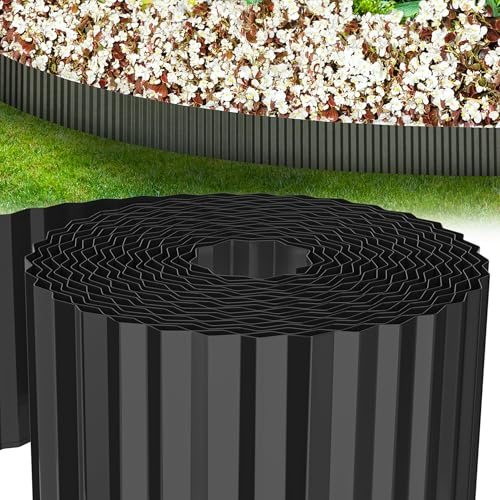 Suusolny Wellenförmige Rasenkante Flexible Beetumrandung aus Metall Verzinkt Beeteinfassung Gartenkante Gartenabgrenzung für Wurzelstopp Rasen Mähkante Blumenbeet - Schwarz - 18cmx1000cm