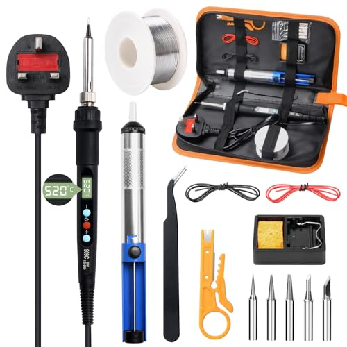 Soldering Iron Kit, 80W LCD Adjustable Temperature 180-520°C with Switch 15 in 1 Welding Tools with 5 Soldering Tips Solder Wire Desoldering Pump Wire Stripper, Cutter, Stand, Tweezers, Tool Case