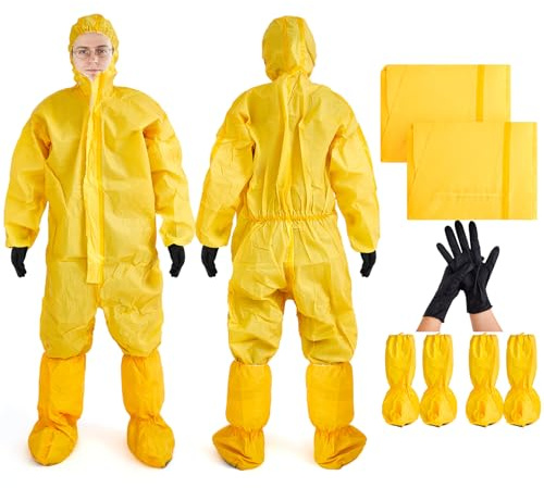 TrelaCo 2 Sets Halloween Cosplay Costumes Yellow Hazmat Suit Jumpsuit for Adult Men Disposable Protective Coverall Suit with Shoe Cover and Glove Breathable Paint Coverall,XL