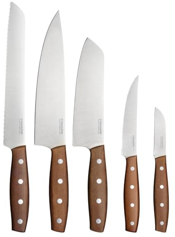 Fiskars Folken Messer-Set, 5-teilig, Kochmesser, Santokumesser, Brotmesser | Tomatenmesser und Schälmesser, Klingen aus deutschem Edelstahl, Griffe aus FSC-zertifiziertem Ahornholz, 1075688