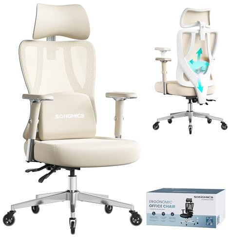 SONGMICS Bürostuhl ergonomisch, Schreibtischstuhl, Gaming-Stuhl, verstellbare Lenden-, Kopfstütze, Armlehnen, für Verschiedene Körpergröße, bis zu 150 kg belastbar, Kamelbraun- wolkenweiß OBN067LJ01