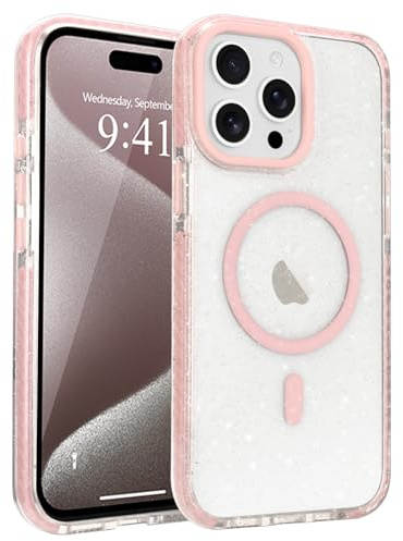 LLZ.COQUE Custodia magnetica per iPhone 14 Pro Max, compatibile con Magsafe, cover posteriore rigida trasparente glitterata per ragazze Wowen, in silicone, antiurto, per iPhone 14 Pro Max, rosa