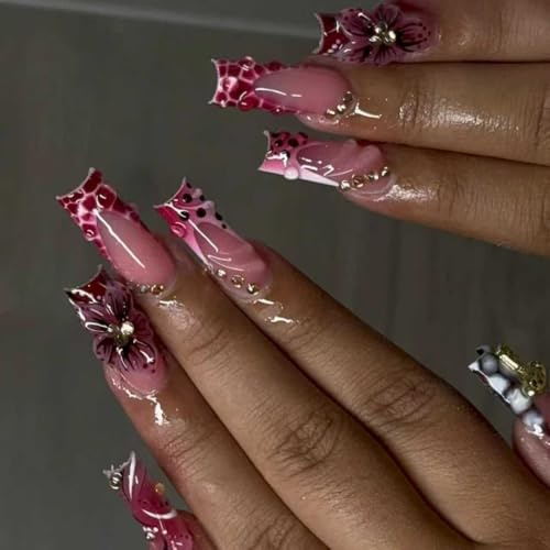 MouyouGlow Press on Nails Middle Lang,Square Rosa Leopard Polka Dots French 3D Blumen Floral Strip Diamant Design Pearl Fake Nails with Nail Glue,Polka Tips Flowers INS Artificial Fingernails