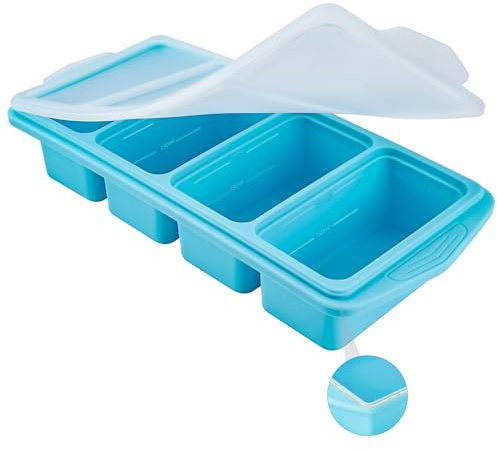 QUELIEN Plateau congélateur en silicone avec couvercle – Bleu Sérénité, grands moules en silicone avec 2 portions de 12 cl et 1 tasse pour soupe, sauce, porridge pour bébé, contenant empilable
