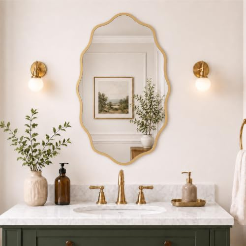 PERFNIQUE Specchio da parete dorato, 76 x 45 cm, con cornice in legno ondulato, per bagno, cameretta dei bambini, camera da letto, soggiorno, ingresso, decorativo moderno (oro, 76 x 45 cm)