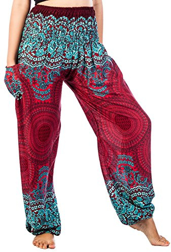 Lofbaz Haremsbyxor för kvinnor, yogabyxor, pumpbyxor, hippie-byxor, bohokläder, festival, outfit, sommarbyxor, lätta sommarbyxor, Rose 1 Bourgogne, 3XL