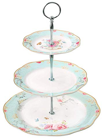 YBK Tech Vintage 3 Tier Porcelain Cake Stand Dessert Display Stand Cakes Platter Food Rack (Light Blue)