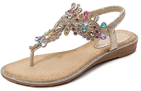 iCKER Women Rhinestone Sandals T-Strap Buckle Bohemian Pearl Crystal Flat Sandals-PD01-Gold-9.5