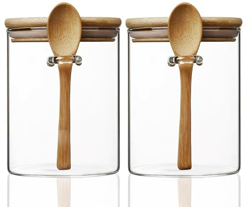 Lot de 2 boîtes de rangement en verre transparent avec cuillère en bois 420 ml, couvercle hermétique, petit récipient en verre avec pelle pour le bain, le sucre, les épices, le café, le thé matcha,