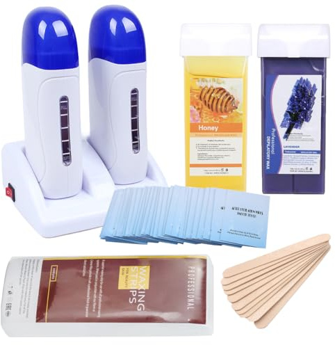 Double Depilatory Roll on Wax Heater Roller Warmer Cartridge Strips Hair Removal Kit with ON/OFF Switch (Honey & Lavender Wax & 200 Paper)