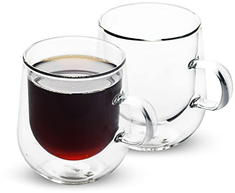 ANSIO Double Walled Thermo Coffee Mugs 275ml Food Grade Double Wall Glass Cappuccino Mug with Handle Lightweight and Durable Borosilicate Glass Pack of 2 - Ideal for Clear Mug for Hot and Cold Drinks