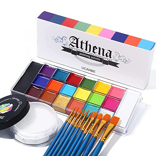 UCANBE Peinture Corporelle 20 Couleurs + 1 Makeup Poudre + 10 Pinceaux - Peinture Visage Longue Durée Sécurité pour Théâtre, Carnaval, Halloween, Scène, Clown, Cosplay