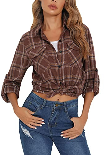 Enjoyoself Chemisier Carreaux Femme 100% Coton Chemise Bucheron Western Décontractée Classique Retro Ecossaise Coton Flanelle Blouse Gilet T Shirt Casual Vintage,Brun Blanc Jaune,S