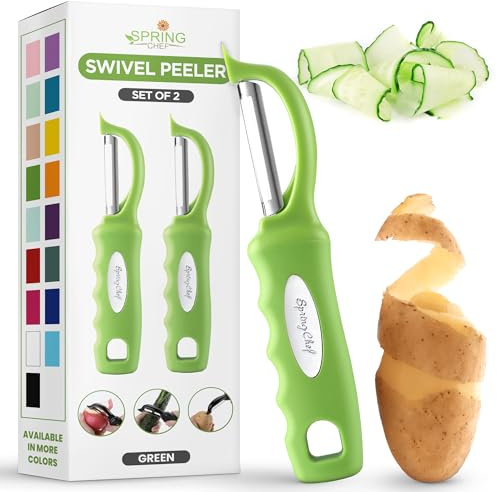 Spring Chef Swivel Vegetable Peeler with Soft Grip Handle, Set of 2, Green | Premium Potato Peeler w/ Ultra Sharp Stainless Steel Blades, Multifunctional Veggie Peeler for Apple, Carrot, Cucumber, Fruit