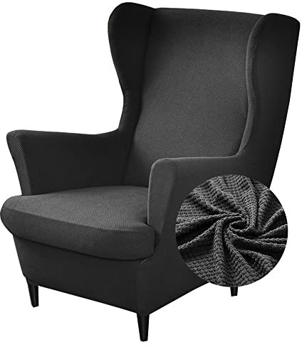 Highdi 2 Teilig Jacquard-Strickstoff Ohrensessel Überzug, Sessel-Überwürfe Ohrensessel Schonbezüge Bezug Sesselhusse Elastisch Stuhlbezug mit Armlehne Hohe Rückenlehne Universal (Schwarz)