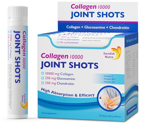 Swedish Nutra - Joint Shots I 20 Day Supply I 10,000 mg Collagen Type I, II & III I Glucosamine, MSM, Chondroitin, Turmeric I 100% Natural Flavour I Sugar-Free