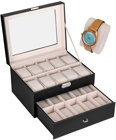 shelfmade Uhrenbox PU-Leder - Uhrenaufbewahrung schwarz - Uhrenkasten mit edlem Samt - Uhrenkoffer, Uhren Box für 20 Uhren - Uhren Aufbewahrungsbox mit Schloss (beige)