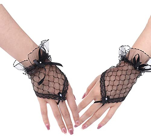 Clataly Bridal Wedding Sunscreen Lace Half-finger Gloves - Fingerless Short Yarn Mesh Hand Sock (Black3)