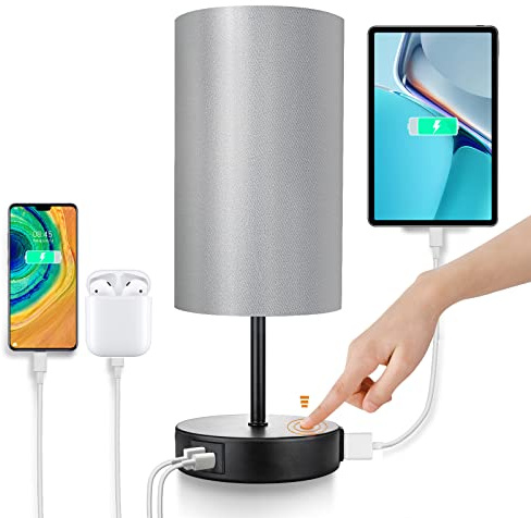 Wondlumi Lampe de Chevet Tactile 6W E27 Lampes de Table 3 Intensité Gradation avec USB C+A Ports à Charge,Lampe de Table de Noir Moderne Abat-jour en Tissu 600lm LED pour Salon Bureau Hôtel Chambre