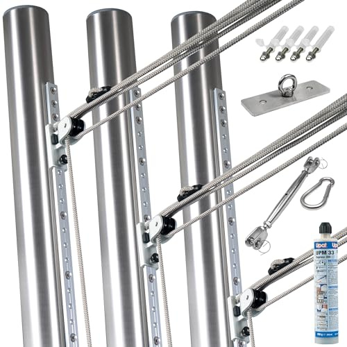 Pina DESIGN seit 1979 - Befestigungsset für viereckige Sonnensegel/ 1 Wandhalter, 3 Masten verstellbar & Zubehör (1X Wandhalter/Verankerungen, 1X Wantenspanner/Karabiner)