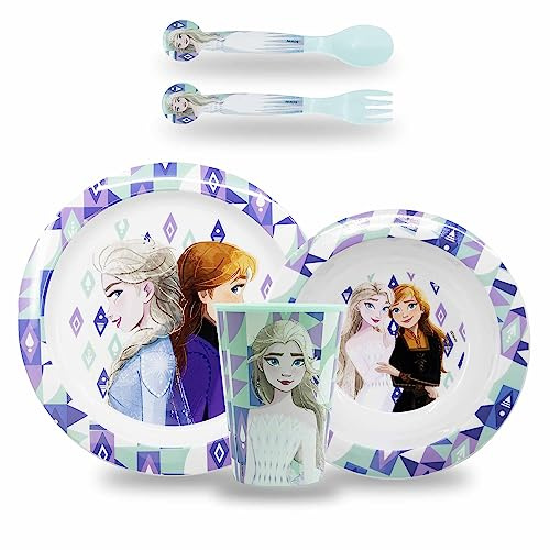 Sorrisini Kindergeschirr set, Wiederverwendbares geschirr Set, Kinder Essgeschirr, Microwaveable Kinder Geschirr Teller, Müslischale, Frühstücksset, Trinkbecher 260ml, kinderbesteck, Frozen