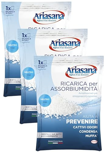 Ariasana Ricarica in Sali Assorbiumidità Fragranza Inodore 1 Busta da 450 Grammi Assorbono Efficacemente l'Eccesso di Umidità (Confezione da 3)