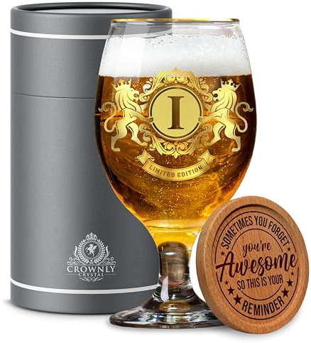 CROWNLY CRYSTAL Biergläser, personalisierbar, Geschenk für Vater, Geburtstag, Pint-Glas, Freund, Onkel, Männer, Alkohol-Geschenkset, Ehemann, individuelle Geschenke (I)