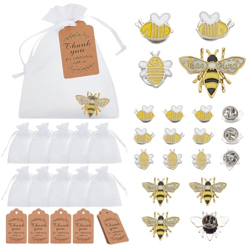 FREEBLOSS Lot de 20 épingles à abeille, argentées, rétro, avec fermeture de sécurité, sacs cadeaux et cartes, unisexes