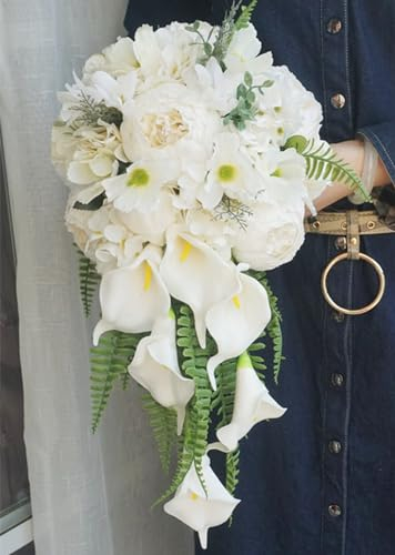 Fouriding Bouquets de mariage pour mariée, cascade d'eau, fleurs artificielles pour cérémonie, anniversaire, fête prénuptiale, décoration de mariage (lys calla)