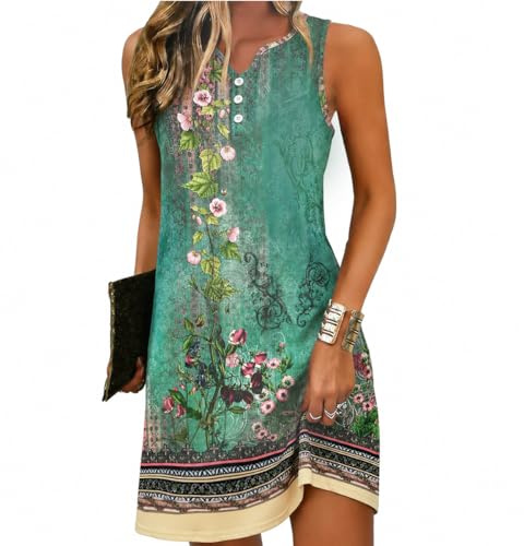 Yeenily Damen Bohemian Langarm Kleid V-Ausschnitt Blumenmuster Tunikakleider A Linien Lose Lässiges MiniKleid Freizeitkleid