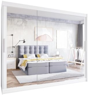 Easy4You LIII 250 cm Weiß Schiebetüren Kleiderschrank 250x215x58 cm mit Spiegel - Schlafzimmermöbel, Aufbewahrung - Mehrzweckschrank