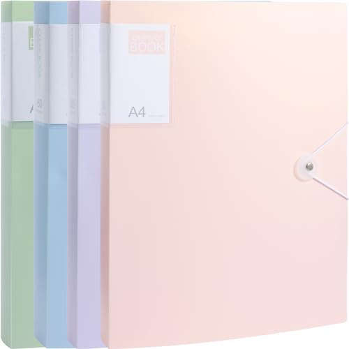 4Pcs A4 Display Folders, 60 Double Sided Pockets A4 Display Book Folder with Plastic Sleeves and Safety Rope, Plastic Presentation Folders Document Project Folder for School Office