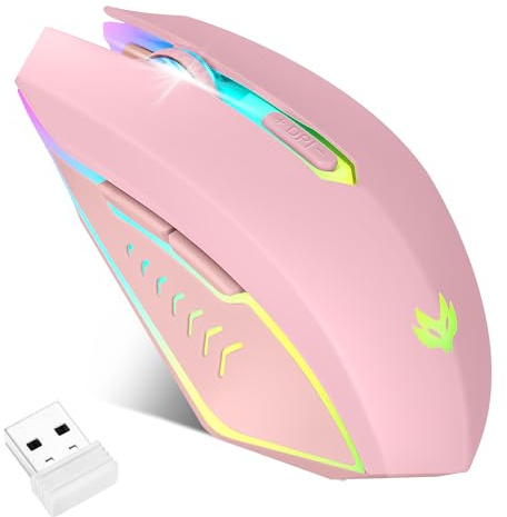 LuLabboard Wireless Gaming Mouse, Rechargeable Computer Mouse, 7-Color LED Light, Ergonomic Mouse with 6 Silent Click Buttons, 3 Adjustable 2400 DPI Wireless Mouse for Laptop,PC,Mac, Pink
