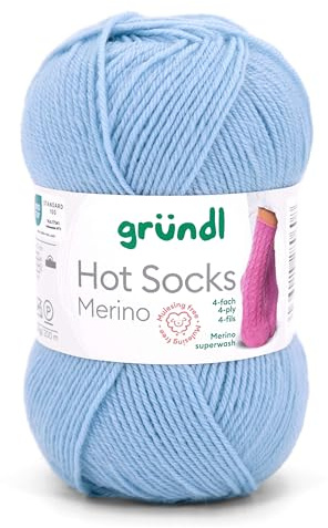 Gründl Hot Socks Merino, Sockenwolle mit Merinowolle, Strumpfwolle 4-fädig 50g / 200m, Sockengarn 4fädig uni einfarbig (04 hellblau)