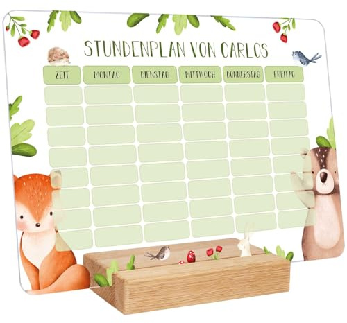 GRAVURZEILE Personalisierter Stundenplan - Tiergruppe mit Namen - Abwischbarer Wochenplaner für Kinder inkl. Stift - Geschenk für die Schultüte zum Schulanfang Einschulung - Farbe: Tiergruppe Wald
